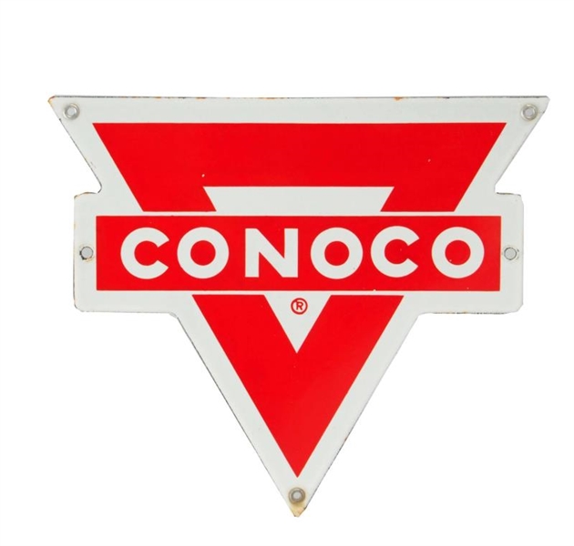 CONOCO (FOR OIL CAN RACK) PORCELAIN DIECUT SIGN.  