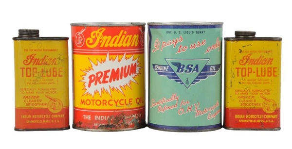 LOT OF INDIANA AND BSA MOTORCYCLE OIL CANS        