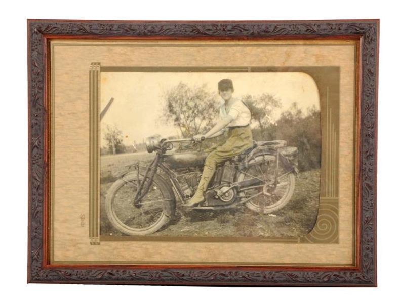 VINTAGE PHOTO OF WOMAN ON INDIAN MOTORCYCLE.      
