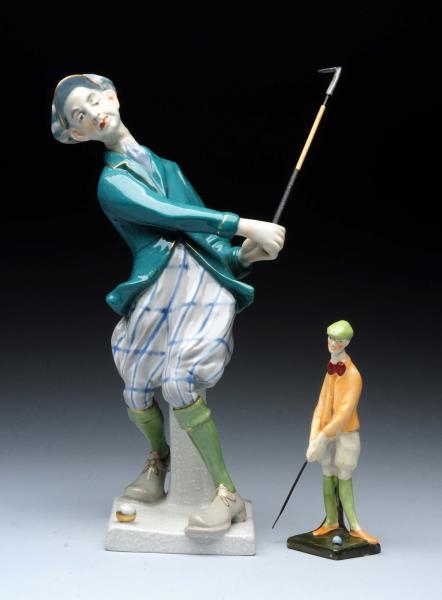 TWO CARICATURE "SWINGING GOLFER FIGURES".         