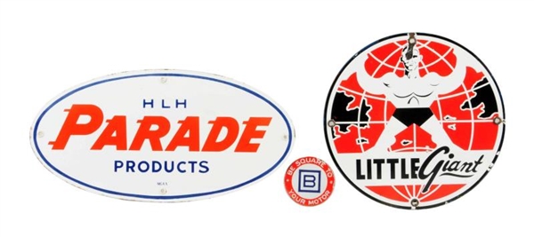LOT OF 3: PARADE, LITTLE GIANT & B SQUARE SIGNS.  