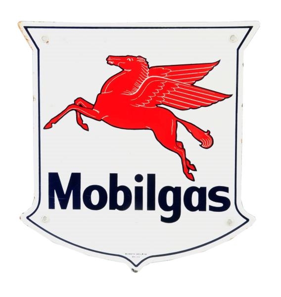 MOBILGAS W/ PEGASUS SHIELD SHAPED PORCELAIN SIGN. 