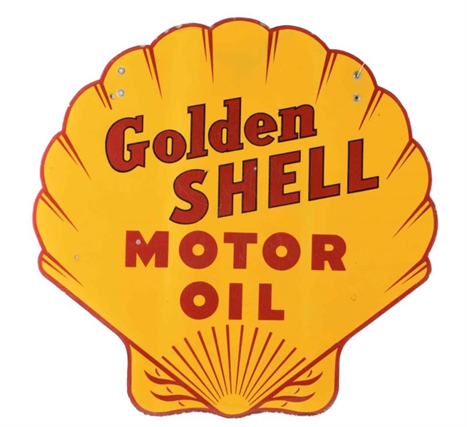 GOLDEN SHELL MOTOR OIL SHELL SHAPE PORCELAIN SIGN.