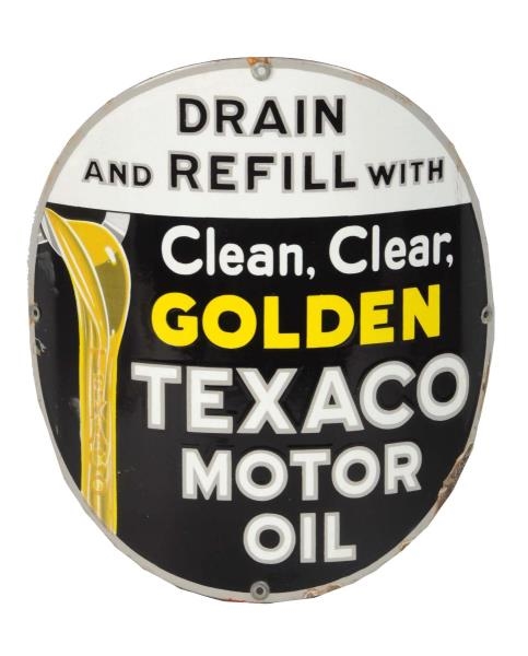 TEXACO MOTOR OIL CLEAN, CLEAR, GOLDEN CURVED SIGN.
