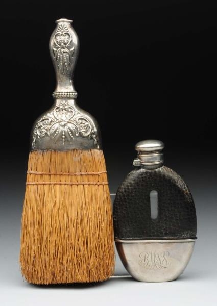 LOT OF 2: STERLING SILVER FLASK & BRUSH.          