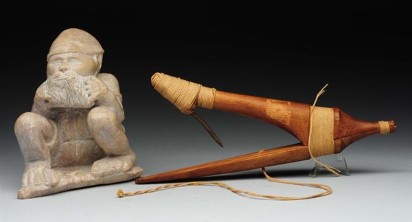 LOT OF 2:  FISHING TOOL & CARVED FIGURE OF MAN.   