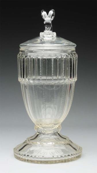 LARGE CUT GLASS CONTAINER WITH FINIAL LID.        