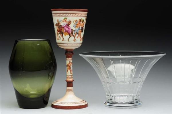 LOT OF 3:GLASS VASES & GOBLET WITH GREEK MYTHOLOGY