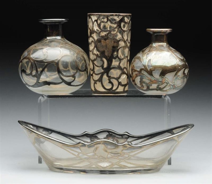 LOT OF 4: GLASS ITEMS WITH SILVER OVERLAY.        