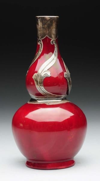 CHINA RED VASE WITH SILVER OVERLAY.               