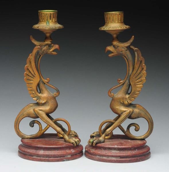 PAIR FRENCH BRONZE & MARBLE CANDLESTICKS.         