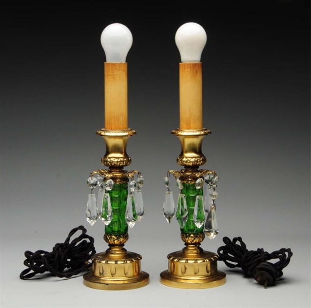 PAIR OF BRASS AND GREEN GLASS LAMPS WITH CRYSTALS.