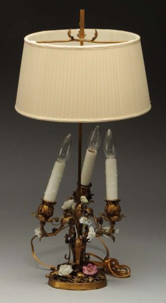 BRASS WITH FLOWERS LAMP WITH SHADE.               