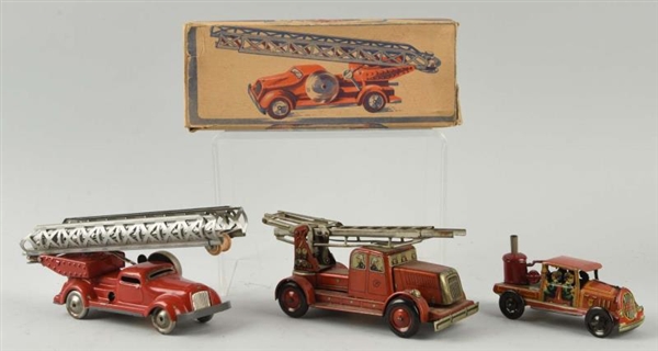 LOT OF 3: GERMAN TIN LITHO FIRE TRUCK TOYS.       