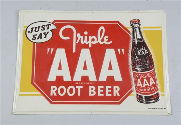 TRIPLE AAA ROOT BEER WITH BOTTLE EMBOSSED TIN SIGN