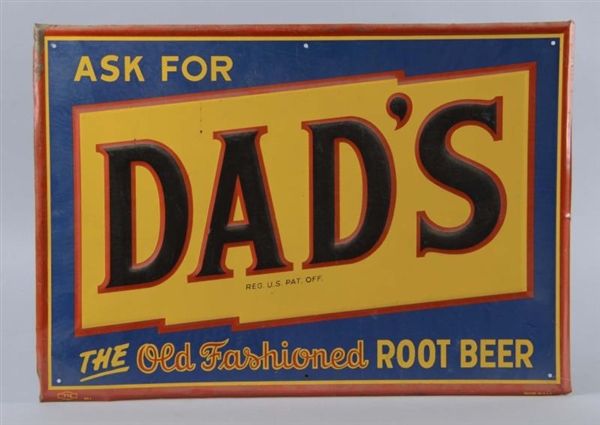 ASK FOR DADS ROOT BEER EMBOSSED TIN SIGN         