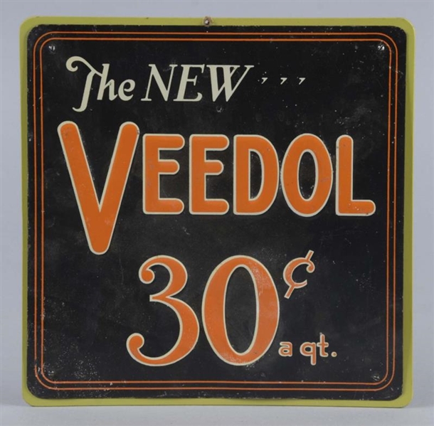 THE NEW VEEDOL 30 ¢ A QUART EMBOSSED TIN SIGN     
