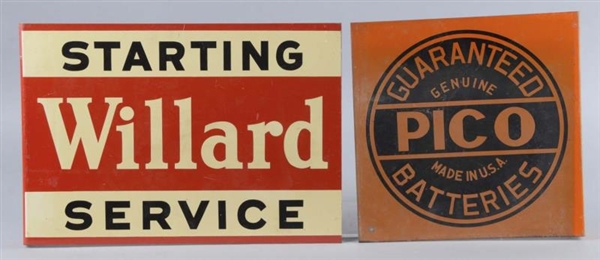 LOT OF 2: WILLARD & PICO BATTERY TIN FLANGE SIGNS 