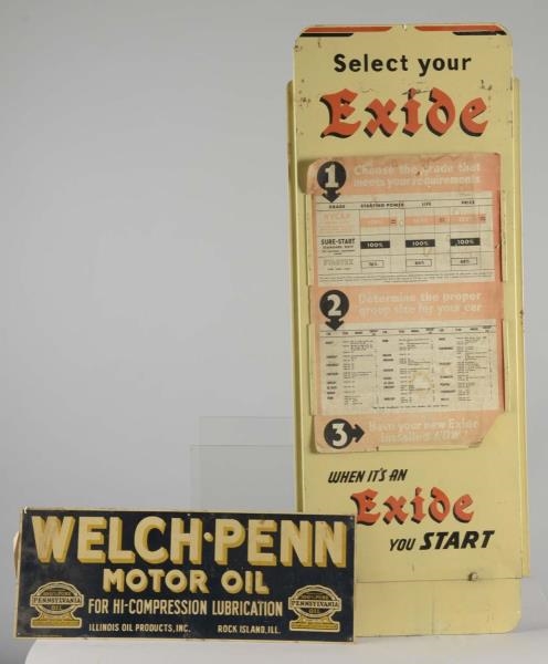 LOT OF 2: EXIDE BATTERIES & WELCH-PENN SIGNS      