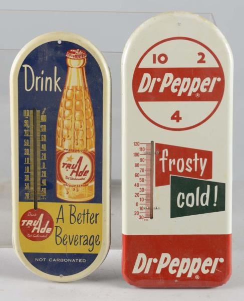 LOT OF 2: DR. PEPPER AND TRU ADE TIN THERMOMETERS 