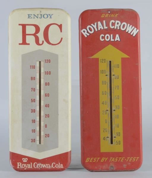 LOT OF 2: ROYAL CROWN COLA TIN THERMOMETER SIGNS  