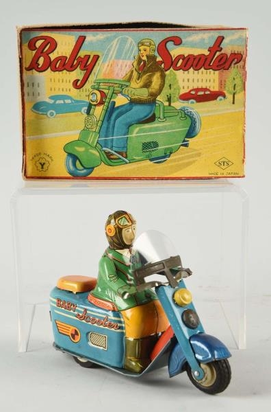 JAPANESE TIN LITHO FRICTION BABY SCOOTER TOY.     