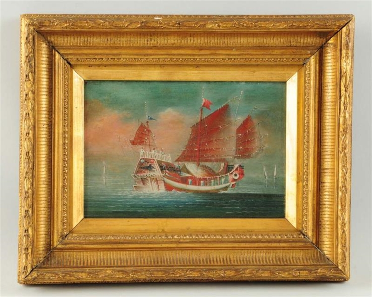CHINESE EXPORT BOAT WITH RED SAILS.               