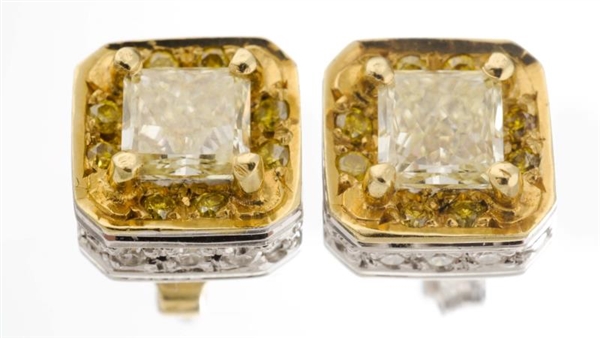 A PAIR OF COLORED DIAMOND AND DIAMOND EARRINGS.   