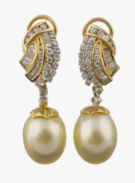 A PAIR OF PEARL AND DIAMOND DROP PENDANT EARRINGS.