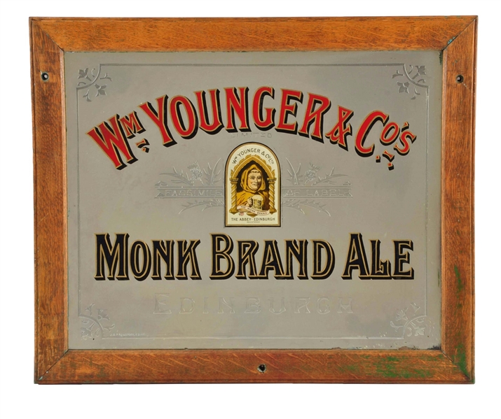 WM. YOUNGERS MONK BRAND ALE REVERSE GLASS SIGN.  