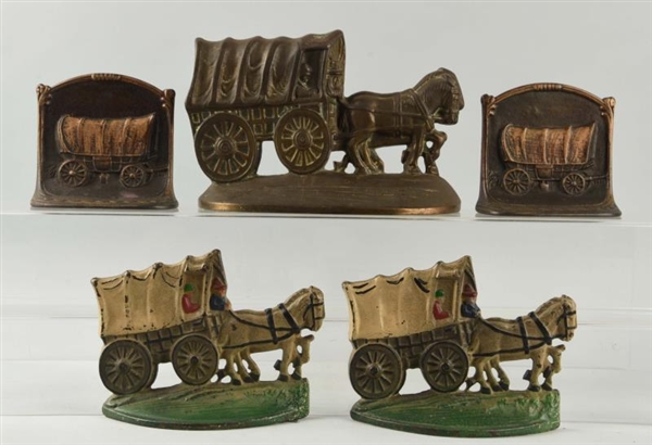 LOT OF 5: CAST IRON WAGON BOOKENDS & DOORSTOP.    