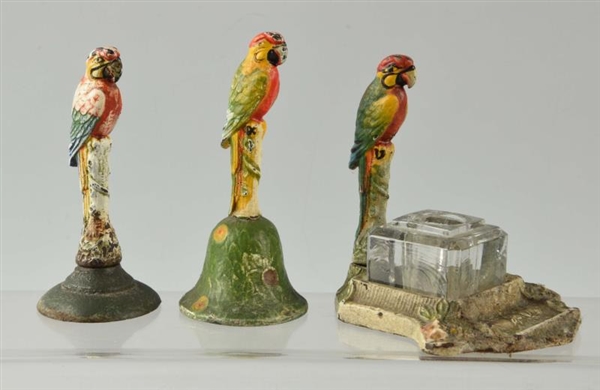 LOT OF 3: CAST IRON ASSORTED PARROT FIGURAL IRON. 