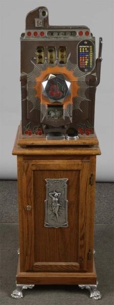 5¢ MILLS BROWN FRONT SLOT MACHINE AND STAND       