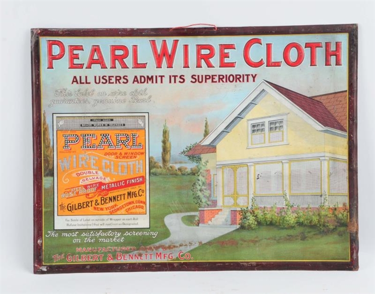 PEARL WIRE CLOTH EMBOSSED TIN ADVERTISING SIGN.   