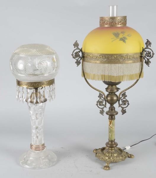 LOT OF 2: VICTORIAN PAINTED SHADE & CUT GLASS LAMP