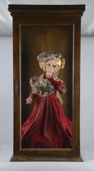 HUGE WOOD DOLL DISPLAY CASE WITH AUTOMATON DOLL   
