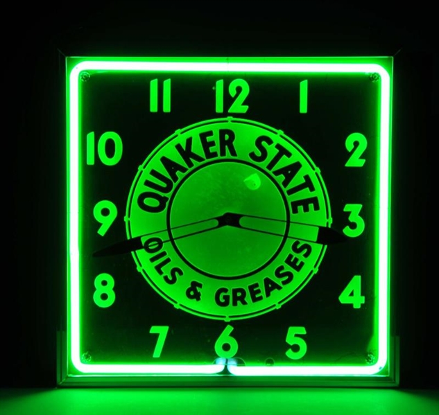 1940-50’S QUAKER STATE OILS & GREASE NEON CLOCK.  