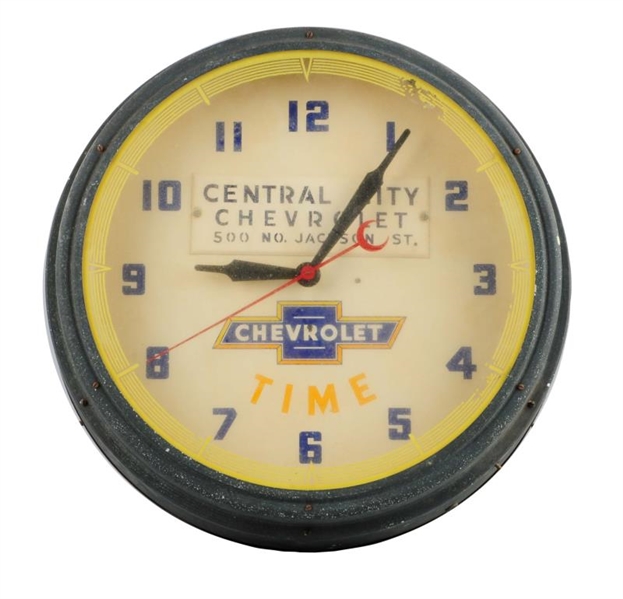 1940’S CENTRAL CITY CHEVROLET NEON TIME CLOCK.    