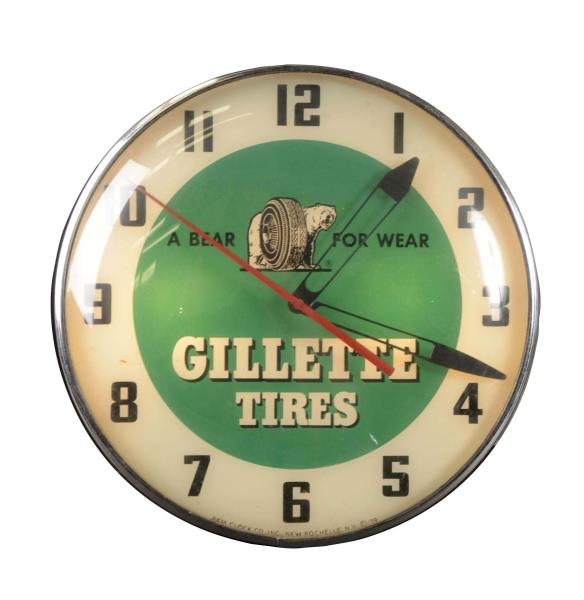 1950S GILLETTE TIRES W/ LOGO PAM CLOCK.          