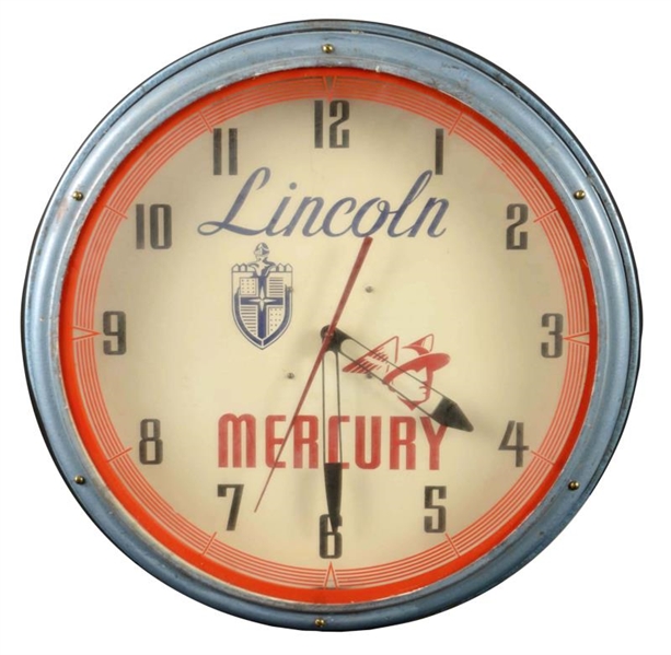 1940-50’S LINCOLN MERCURY WITH LOGOS NEON CLOCK.  