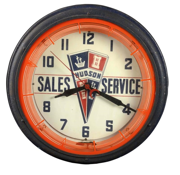 1940-50’S HUDSON SALES SERVICE NEON CLOCK.        