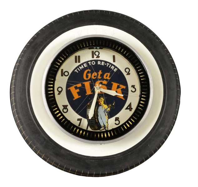 1930’S RARE “GET A FISK” TIRE NEON SPINNER CLOCK. 