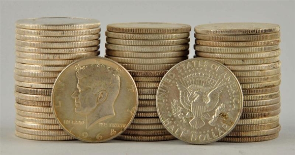 3 ROLLS OF 1964 KENNEDY HALF DOLLARS.             