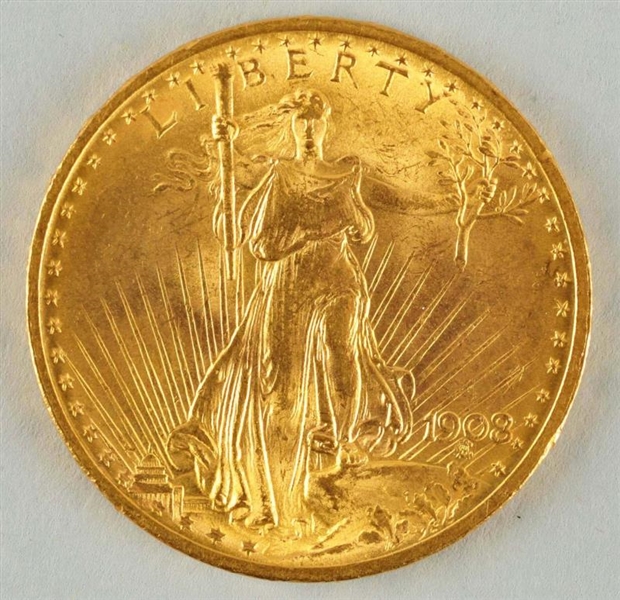 1908 $20 ST GAUDENS DOUBLE EAGLE GOLD COIN.       