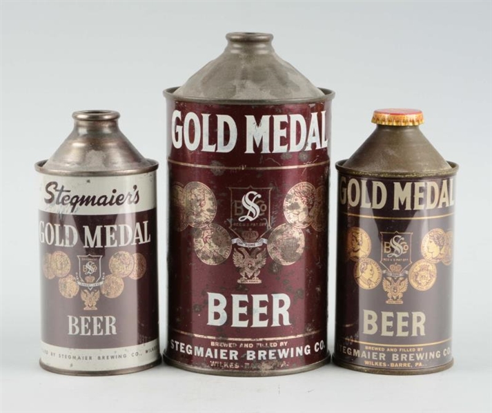 LOT OF 3: STEGMAIER GOLD MEDAL BEER CONE TOP CANS.