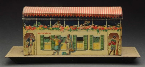 ENGLISH LITHO "WATERWITCH" HOUSEBOAT BISCUIT TIN. 