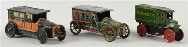 LOT OF 3: AMERICAN MADE TIN LITHO VEHICLE TOYS.   