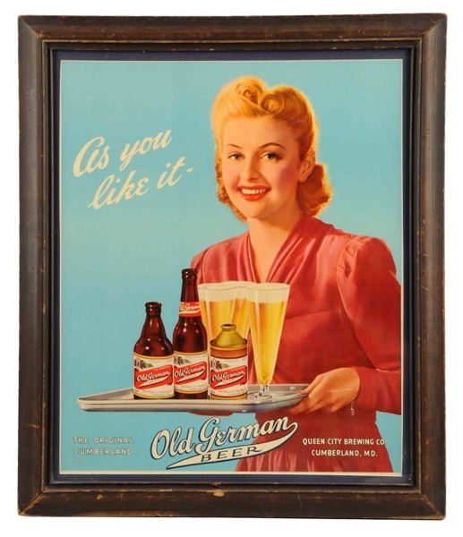 FRAMED ADVERTISING SIGN OLD GERMAN BEER WITH LADY.