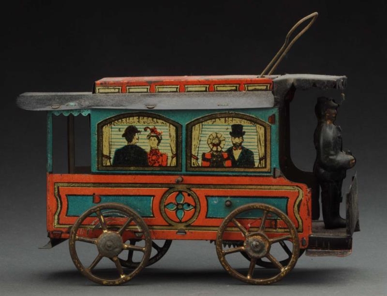 EARLY GERMAN TIN LITHO WIND-UP TROLLEY TOY.       