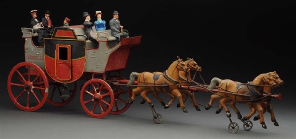 EARLY HAND PAINTED FRENCH HORSE DRAWN COACH TOY.  